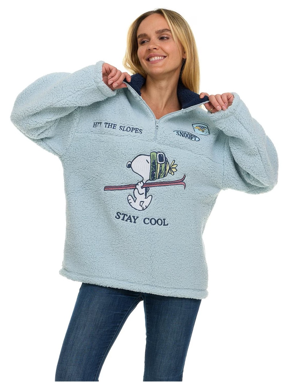 Peanuts NWT Snoopy "Hit The Slopes" Light Blue Sherpa 1/4 Zip Pullover Fleece M